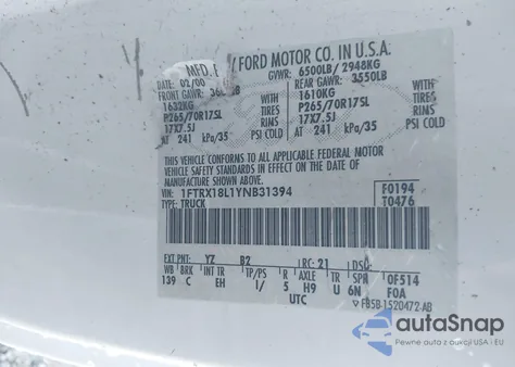 2000 Ford F-150 Lariat/Work Series/Xl/Xlt from USA, damaged, VIN 1FTRX18L1YNB31394